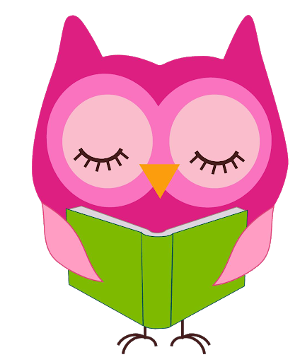Image of a pink owl reading a green book to promote our PJ storytime