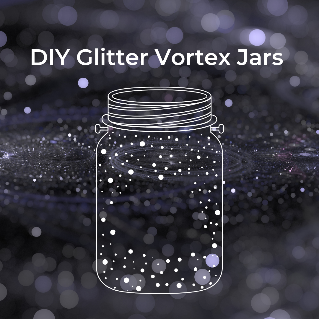 Swirled glitter background with a jar and the words DIY Glitter Vortex Jars
