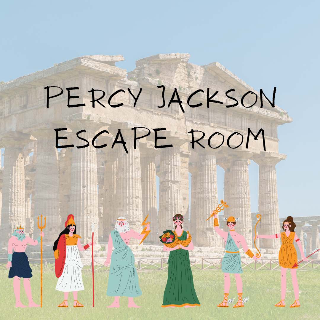 Greek temple with images of Greek gods and the words Percy Jackson Escape Room