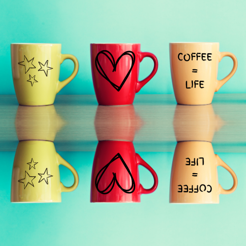 Mirrored image of 3 decorated mugs