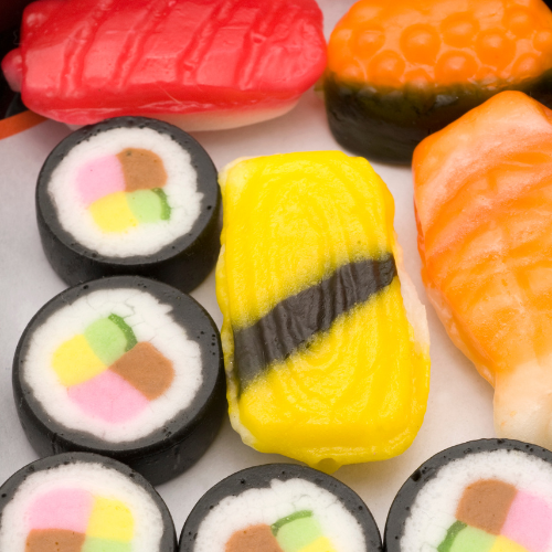 Close-up photo of candy sushi
