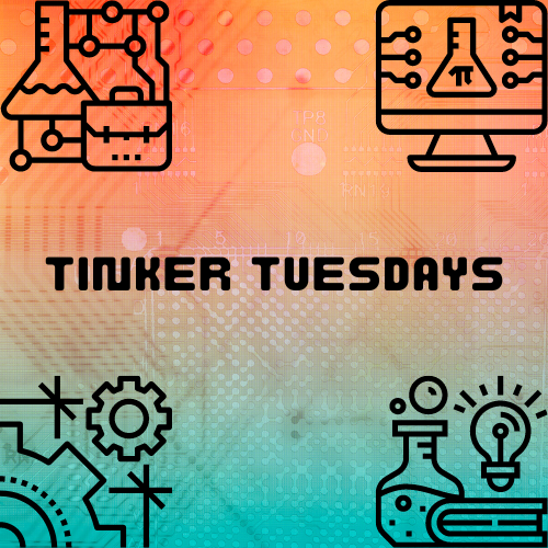 Science-themed clip art around the words Tinker Tuesdays 