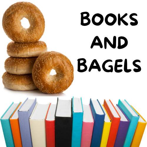 Stack of bagels above a row of books, with the words Books and Bagels