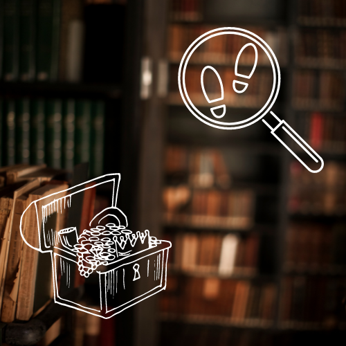 Library background with treasure chest and magnifying glass images over top