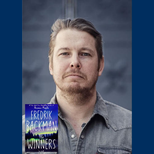 Photo of author Fredrik Backman and a small book cover of The Winners
