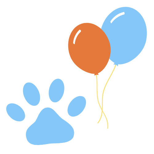 image of a blue pawprint with two balloons one orange and one blue