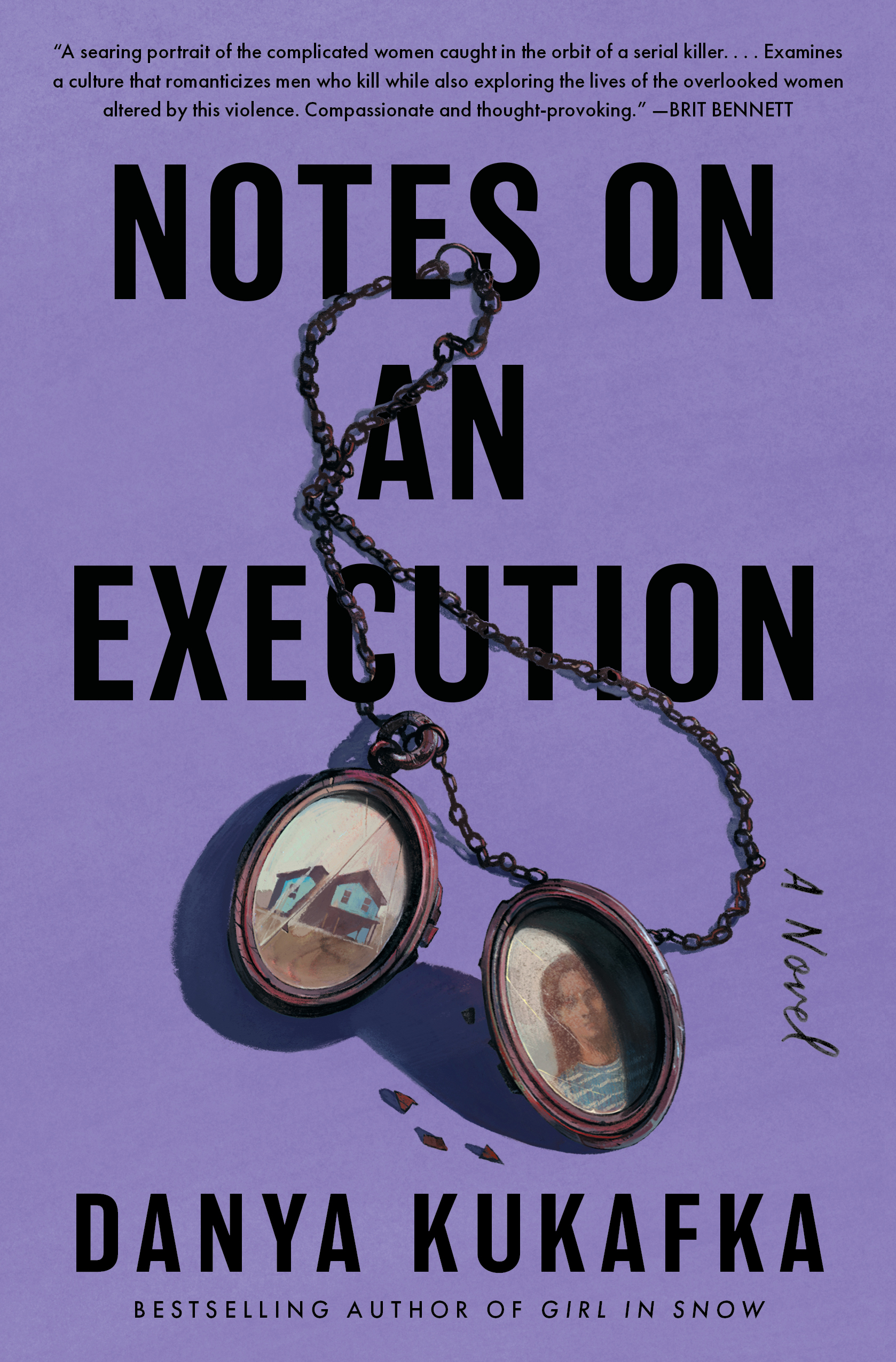 Book cover of Notes on an Execution that is purple with a broken locket