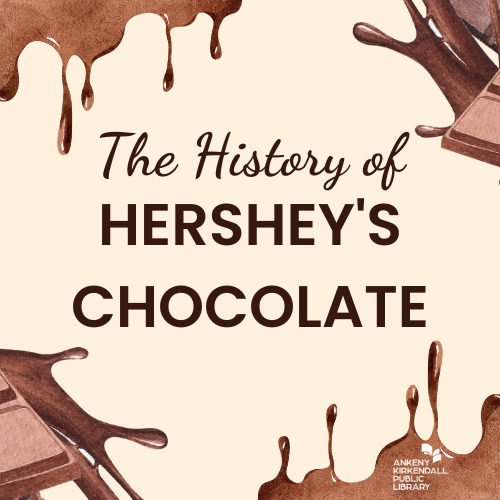 Poster with the text History of Hershey's Chocolate with melted chocolate in each corner