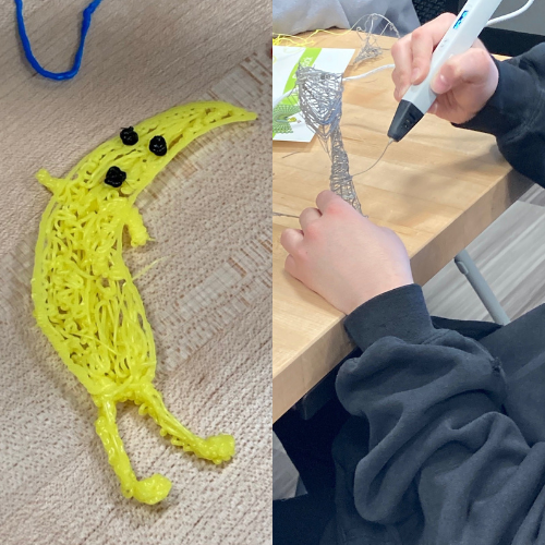 Left half is photo of 3D pen printed banana, right half if photo of hands using 3D pen to make a tower