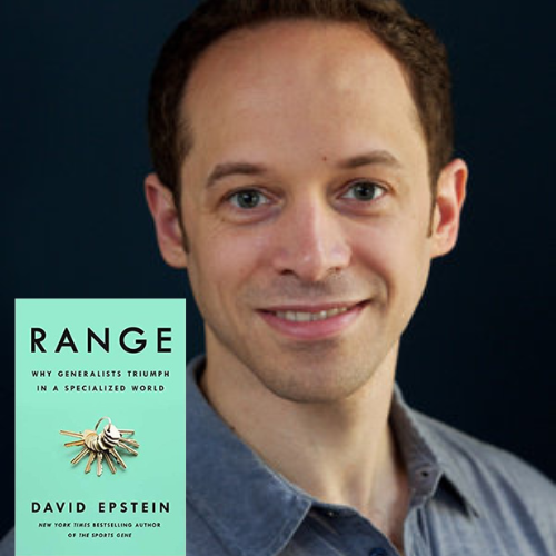 Headshot image of David Epstein with an image of his book Range in left-hand corner