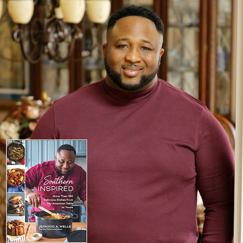 Headshot of Chef Jernard Wells and his book Southern Inspired in left-hand corner
