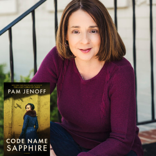 Headshot image of Pam Jenoff with her book Code Name Sapphire in left-hand corner