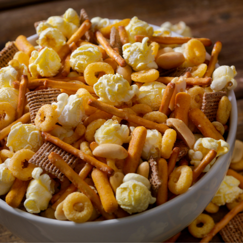 A bowl of snack mix