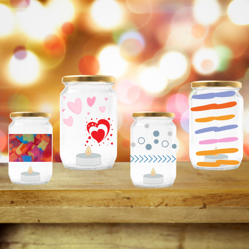 A shelf of 4 mason jars with decorated outsides