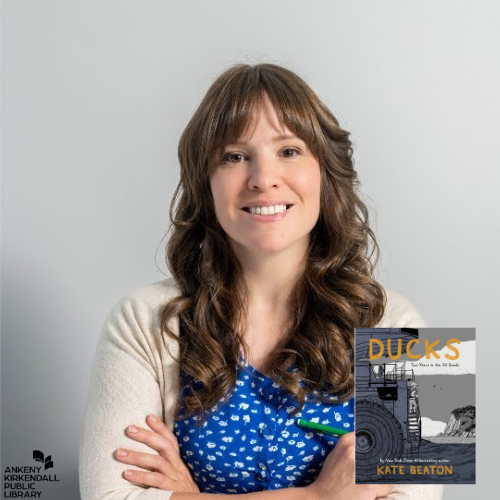 Photo of author Kate Beaton and small book cover of Ducks