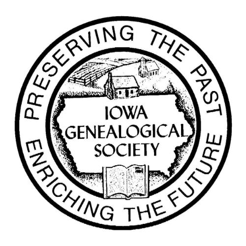 Black and White circle with the Iowa Genealogical Society logo