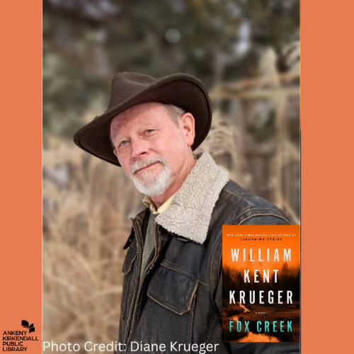 Photo of author William Kent Krueger and a small image of his book cover for Fox Creek