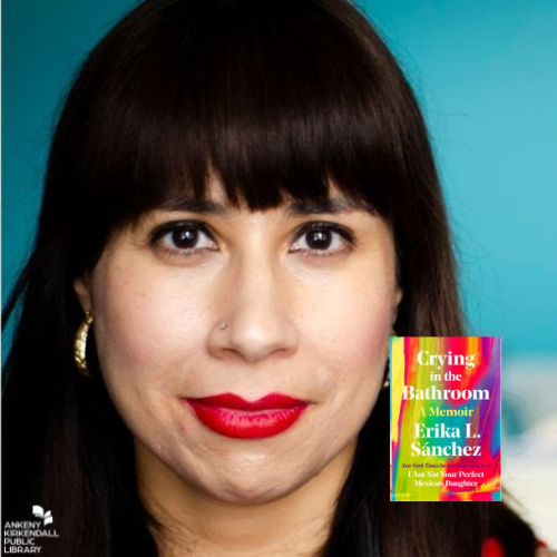 Photo author Erika Sánchez and a small graphic of her book cover
