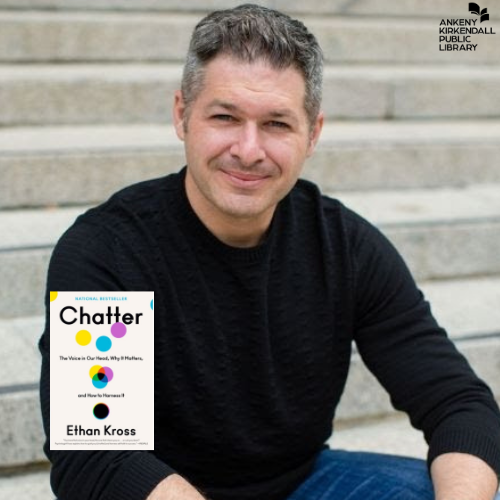 Photo of Ethan Kross on concrete steps and a small graphic of his book cover Chatter
