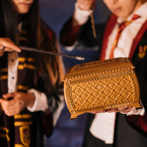 Two students in Hogwarts robes pointing wands at a gold box