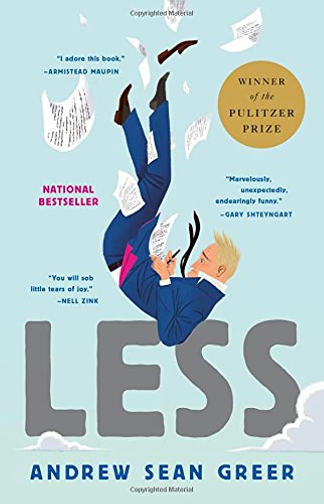 Book cover of Less, by Andrew Sean Greer that features a man in a suit falling through the sky