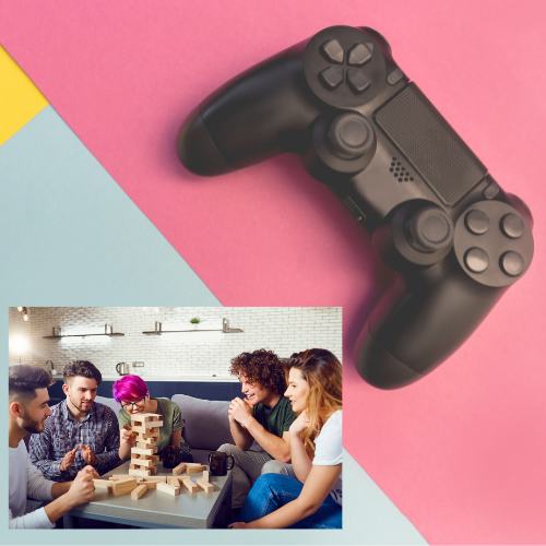 Geometric colors with video game controller and photo of teens playing Jenga