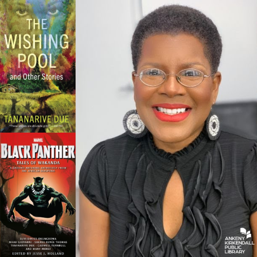 Photo of author Tananarive Due and the book covers of The Vanishing Place and Black Panther