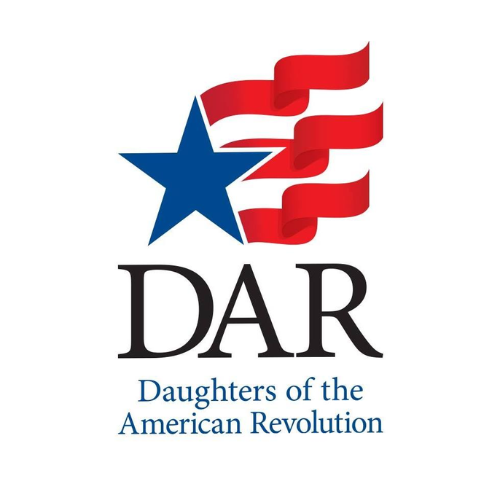 Image of a blue star with read flag type of lines flying behind it; letters DAR with Daughters of the American Revolution under those letters; it's the DAR logo
