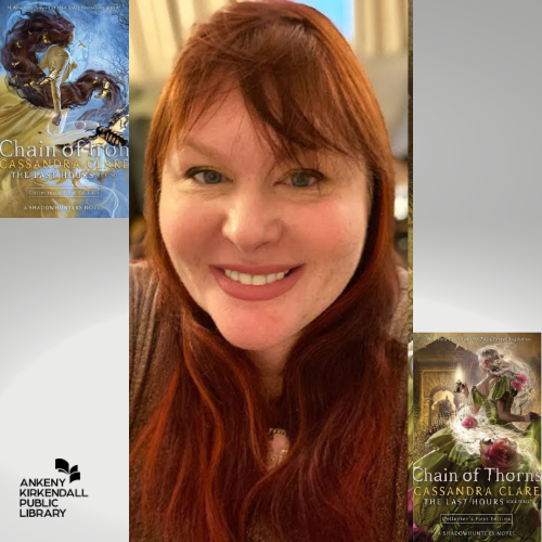 Photo of author Cassandra Clare and book covers of Chain of Iron and Chain of Thorns