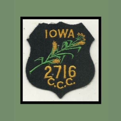 Dark green background with image of the Iowa 2716 CCC badge in the foreground on a white box with black line around it.