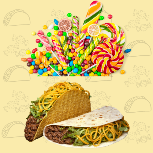 A pile of candy and two tacos