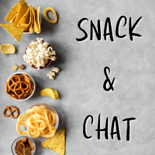 A row of snack foods beside the words "snack & chat"