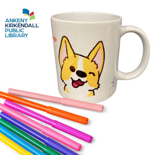 Image of colorful markers in bottom left corner and a mug with a drawing of a yellow dog winking and the AKPL logo in bottom left corner