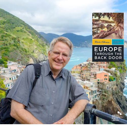 Photo of author Rick Steves on a mountainside with a copy of his guidebook in the top right corner