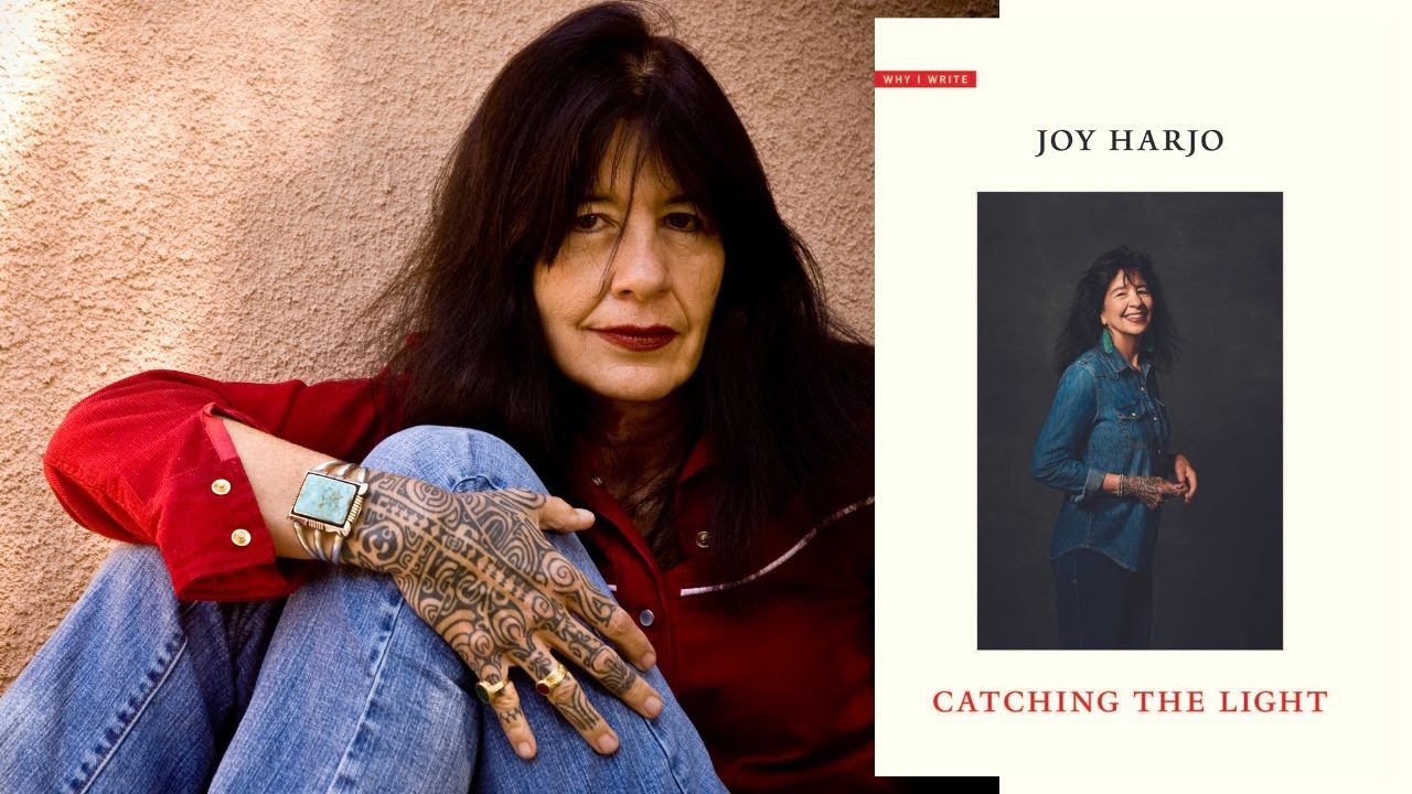Photo of author Joy Harjo and her book cover of Catching the Light