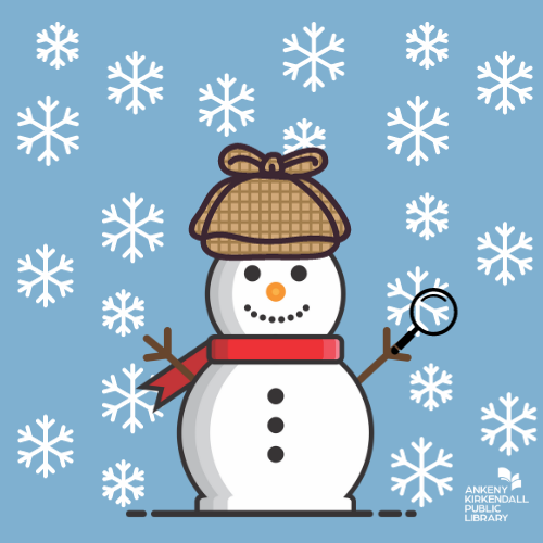 Blue background with a snowman wearing a red scarf, detective hat and holding a magnifying glass