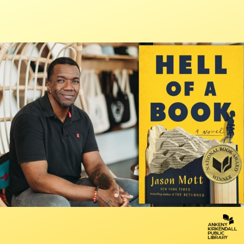 Photo of author David Mott next to the book cover of Hell of a Book and a yellow background