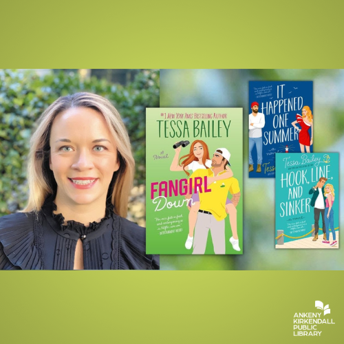 Photo of author Tessa Bailey next to three of her book covers and a green background