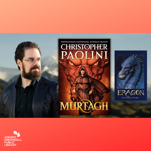 Photo of author Christopher Paolini and book covers of Murtagh and Eragon with a red gradient background