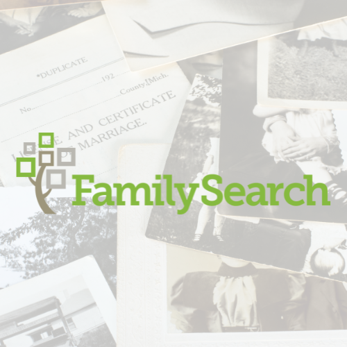 Background of old photographs and paper that says license and certificate of marriage; on foreground is the icon for Family Search resource.