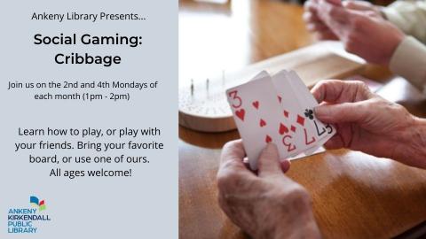 Image includes a grey background with basic information about this program which is included in this calendar event and also has the hands of a man and woman playing cards with a cribbage board.