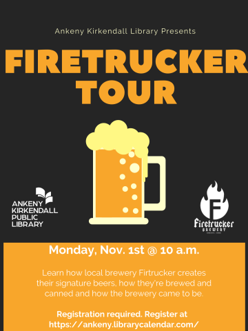 Flier announcing Firetrucker Brewery tour on Monday, November first at 10 AM