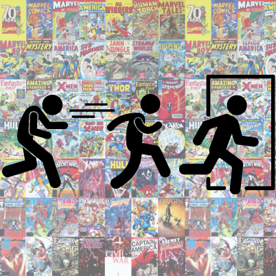Stick figure stooping, running, and going through a door over a background of Marvel comics