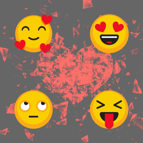 Shattered heart shape surrounded by love, eye rolling, and tongue out emojis