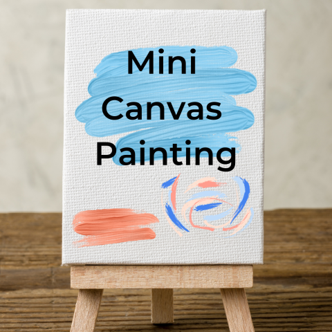 Miniature canvas with paint swatches and the words Mini Canvas Painting