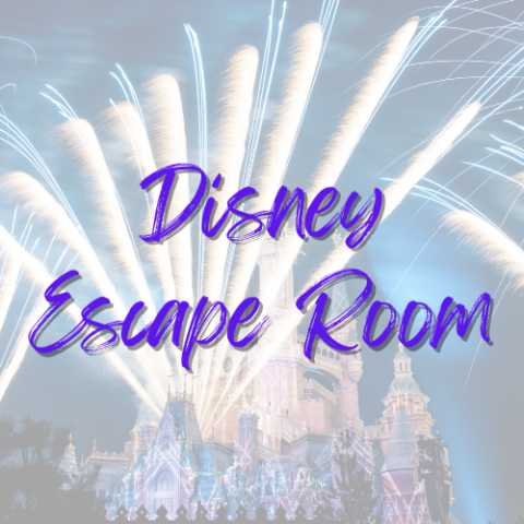 Disney castle with fireworks behind the words Disney Escape Room