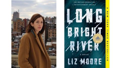 Picture of the author next to the cover of her book Long Bright River