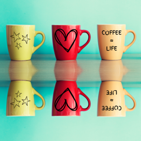 Mirrored image of 3 decorated mugs