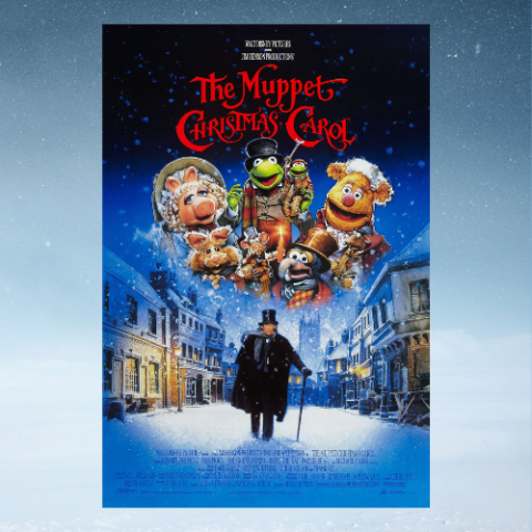 Movie poster featuring several Muppets in winter garb and a small man dressed in black with a cane