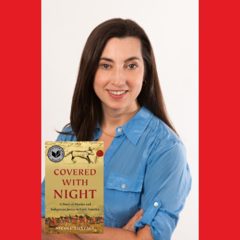 Photo of author Nicole Eustace and a small book cover of Covered with Night